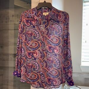 L’Agence Purple and Orange Paisley Long Sleeve Button Down Silk Shirt